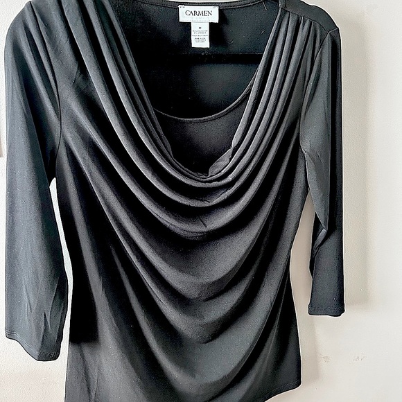 Carmen Marc Valvo Black Draped Neck Top Size Medium - Picture 2 of 8